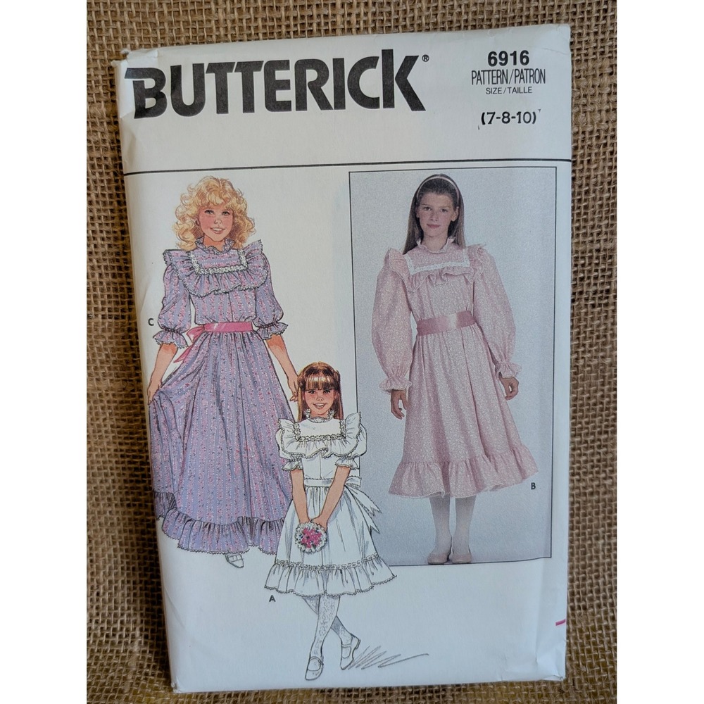 Butterick 6916 Girls Prairie Victorian Ruffle Dress Sewing Pattern Size 7-8-10